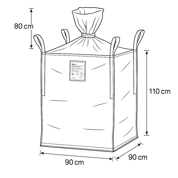 Waterdichte Big Bag met binnenzak en vulschort 1m³ 4 Technische tekening big bag vulschort 90x90x110cm